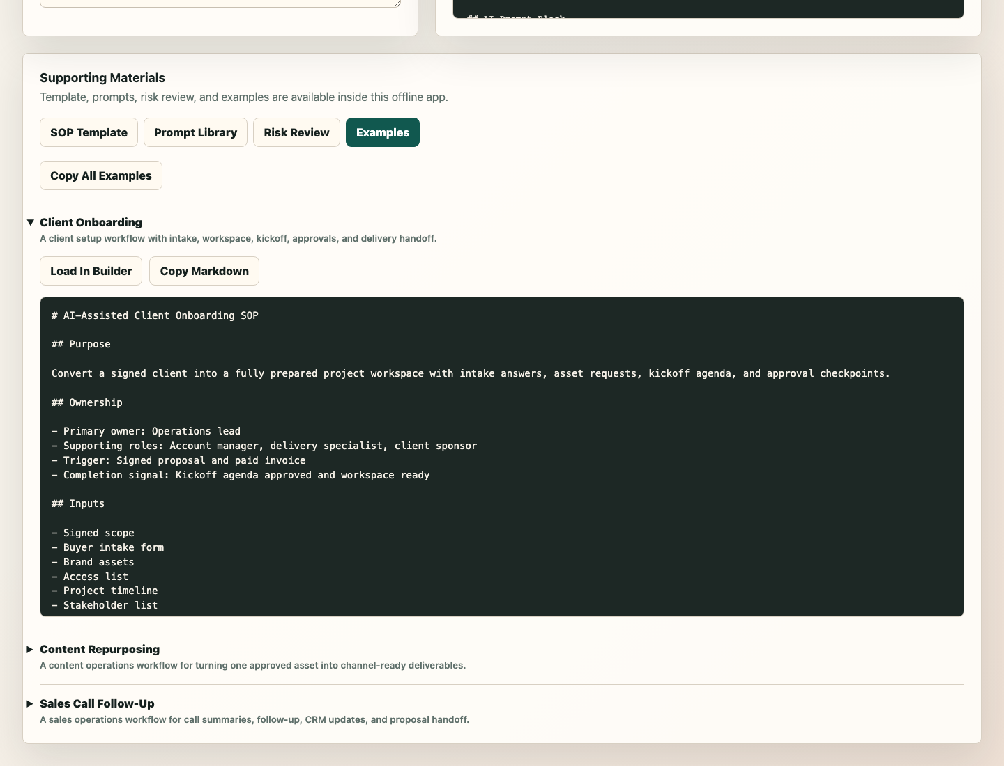 Example SOP library tab in AI Automation SOP Builder