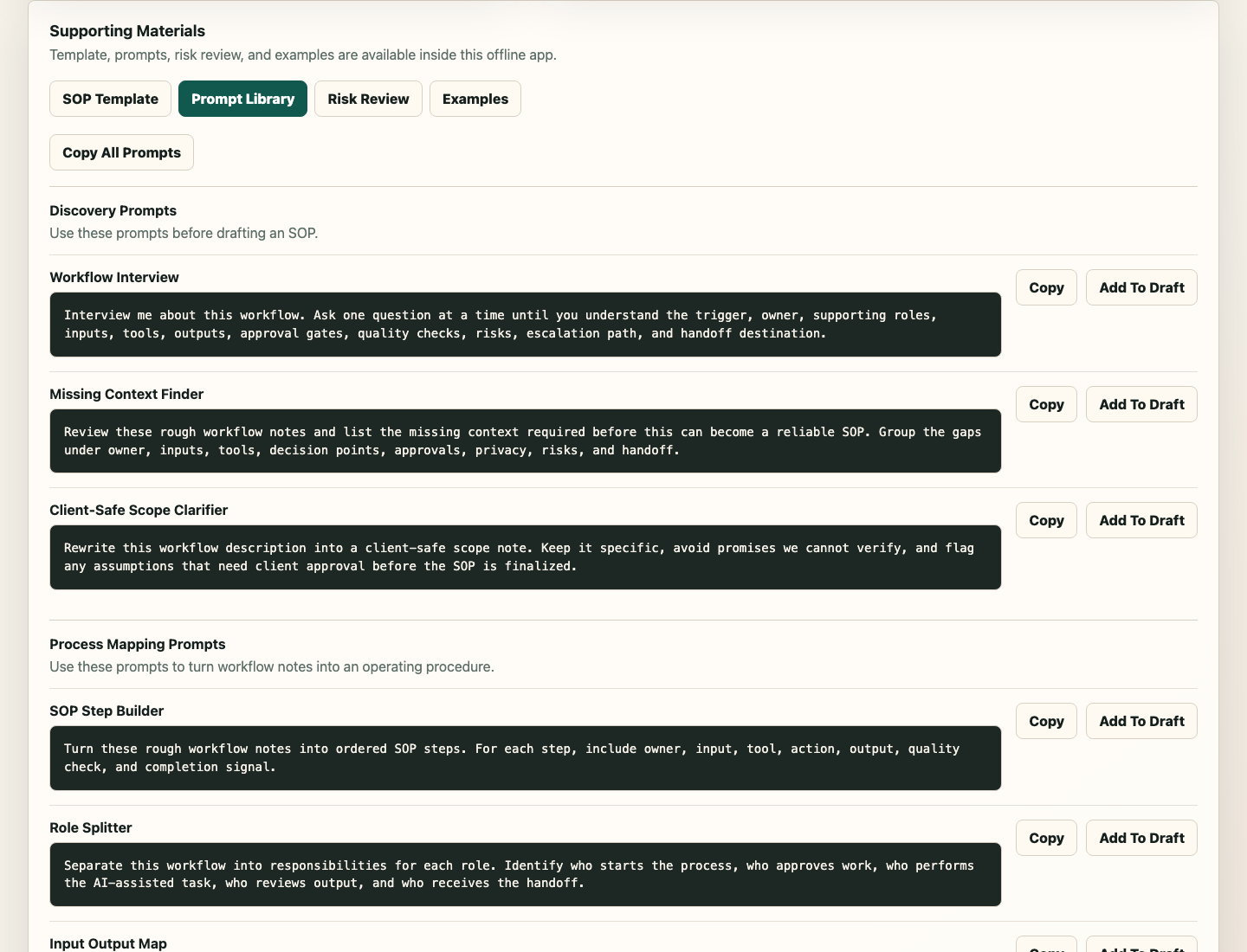 Prompt library tab in AI Automation SOP Builder