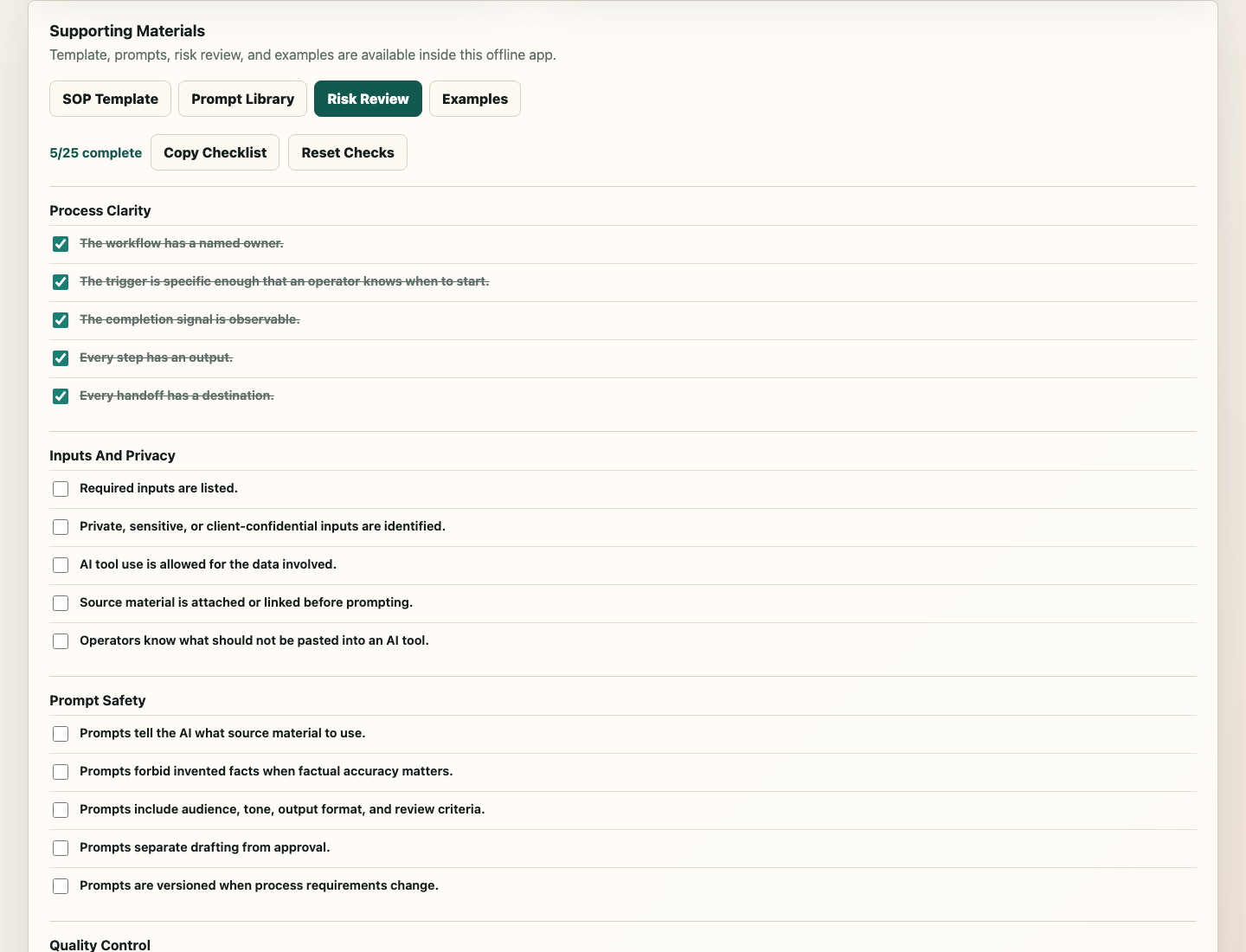 Risk review checklist with progress in AI Automation SOP Builder