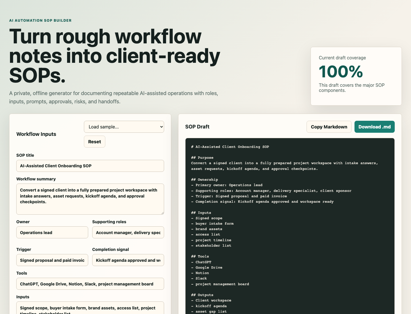 Workflow builder and generated SOP draft in AI Automation SOP Builder